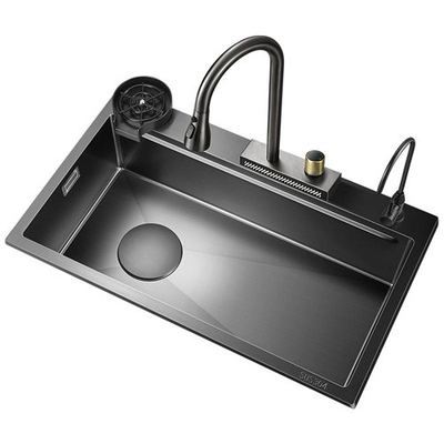 2024 Roestvrij staal keuken wastafel met 2 piano sleutels Led waterval kraan Grote single slot Bionic honingraat Zwart Was Ba